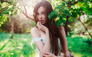 Woman long hair field nature - her chin free wallpaper