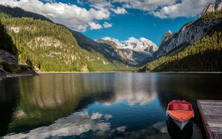 Lake mountains boat pier clouds - carl hoppe free wallpaper