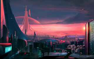 Futuristic city bridge skyline sunset - anton fadeev free wallpaper
