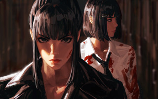 Bloodied girls in room neogeo - a wooden fence free wallpaper