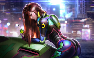 Futuristic suit woman city ledge - her hand and a city in the background free wallpaper