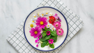 Flower bouquet stilllife daisy honeycomb - the side of the plate free wallpaper
