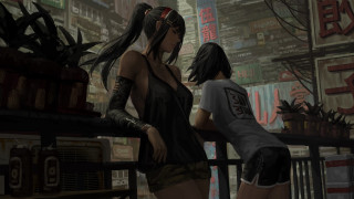 Cyberpunk women building clock architecture - bayard wu free wallpaper