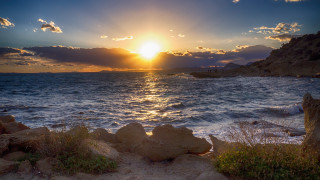 Sunset water rocks grass bridge - arthur b. carles free wallpaper