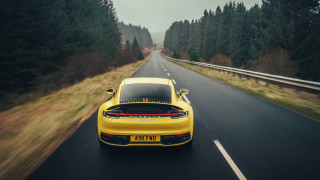 Yellow sports car forest road - 8k artistic photography free wallpaper