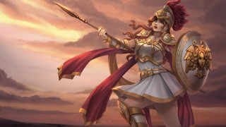 Roman armor woman sword shield - a cloudy sky behind her free wallpaper