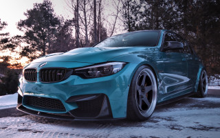 Blue car snow trees night - covered ground free wallpaper