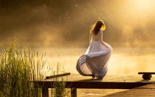 Woman dock water grass fog - the water and grass free wallpaper