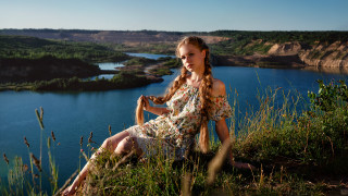 Woman hill lake mountains braid - flowing hair free wallpaper