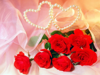 Red roses pearl necklace flower - a white cloth free wallpaper