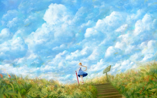 Woman stairs field blue sky - a painting of a woman free wallpaper