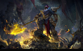 Fire armor sword cave battle - a man in armor holding free wallpaper