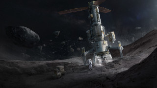 Space station rocky mountains shuttle - matte painting concept art free wallpaper