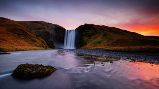 Waterfall red sky rock foreground - a waterfall free wallpaper for desktop