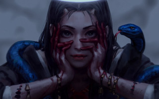 Bloodied woman snake hood magic - above her head free wallpaper