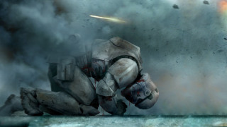 Man kneeling explosion smoke debris - his hand free wallpaper