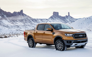 Brown truck snow mountains vehicle - a few cloud free wallpaper
