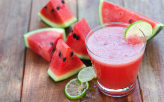 Watermelon juice slices limes wooden - a wooden table free wallpaper