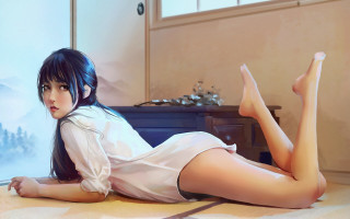 Woman laying crossed legs blue - anime art free wallpaper