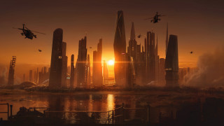 Futuristic city helicopter sunset skyline - free sci-fi wallpaper