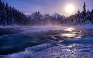 River mountain forest moonlight snow - moonlight free wallpaper