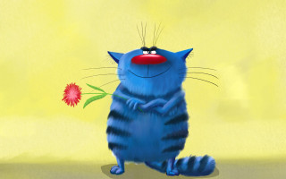 Blue cat red nose flower - character design free wallpaper