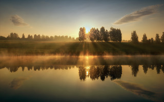 Lake trees sunset foggy matte - crepuscular ray free wallpaper