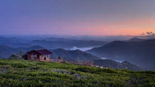 Cabin hill mountains lake sunset - a cabin free wallpaper