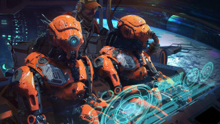 Orange robots neon face space - craig mullins free wallpaper