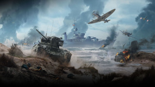 Tanks planes beach smoke mountain - over a beach free wallpaper