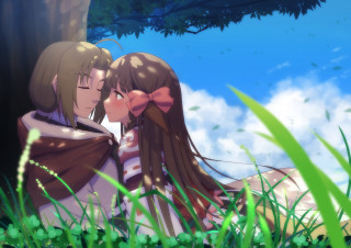 Anime characters kissing under tree - the grass and grass free wallpaper