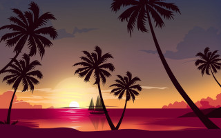 Sunset palm trees sailboat ocean - a sunset free wallpaper