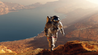 Space suit man cliff lake - space free wallpaper