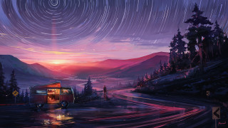 Van road night sky starlight - a van free wallpaper