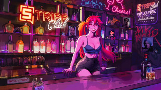 Cyberpunk woman bikini bar neon - a neon sign behind her free wallpaper