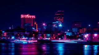 City skyline night reflection neon - a reflection of the water free wallpaper