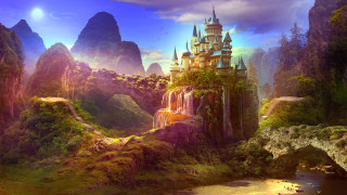 Fantasy castle mountains river bridge - christophe vacher free wallpaper
