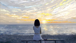 Woman bench ocean sunset painting - sea free wallpaper