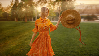 Orange dress hat field trees - impressionist free wallpaper
