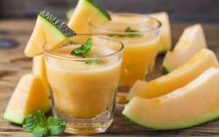 Wooden table fruit veggies glasses - glass free wallpaper