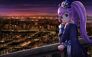 Purple hair girl balcony city - a balcony free wallpaper