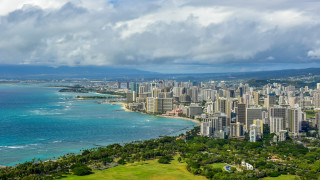 City water hillside ocean clouds - panoramic view free wallpaper