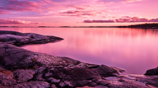 Pink sunset lake rocks trees - pastell free wallpaper