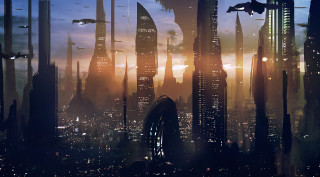 Futuristic city skyline night bird - matte painting concept art free wallpaper