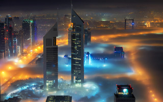 City fog night skyscrapers embers - matte painting free wallpaper for desktop