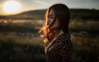 Woman sunset field blowinghair profile - anka zhuravleva free wallpaper
