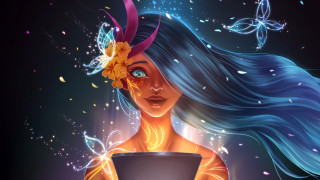 Woman coffee butterflies glowing aquaeeyes - art station free wallpaper