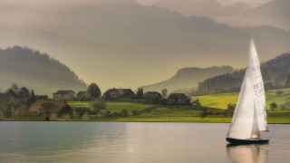Sailboat lake mountain houses romanticism - a sailboat free wallpaper