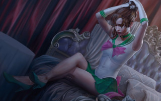 Woman green dress sitting bed 3 - a red curtain behind her free wallpaper