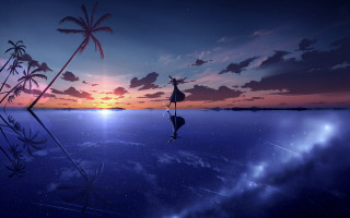 Floating water sunset palm ants - kyoto animation free wallpaper for desktop